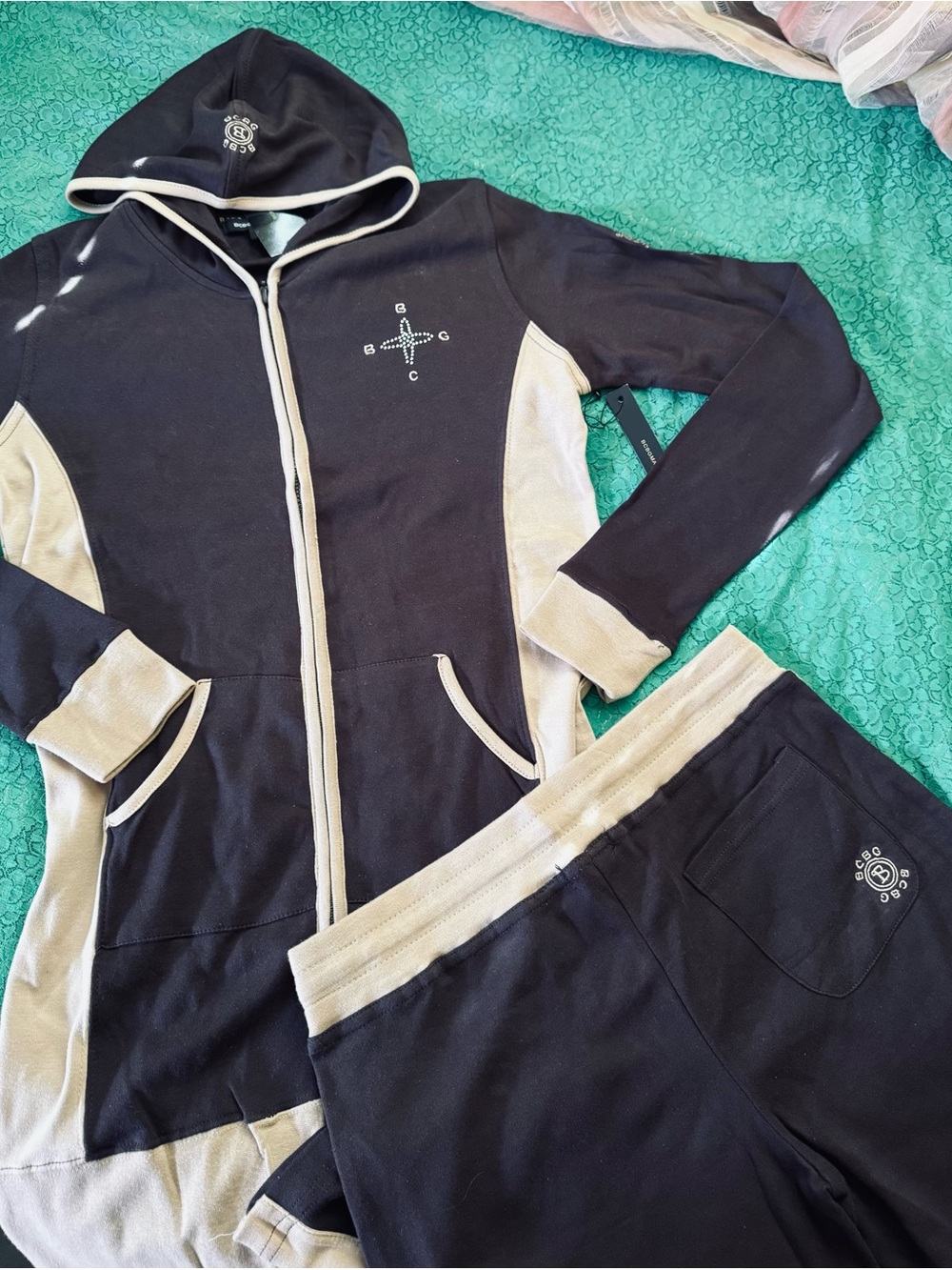 BCBGMaxAzria Black and Cream Two-Piece Track Jacket & track pants
